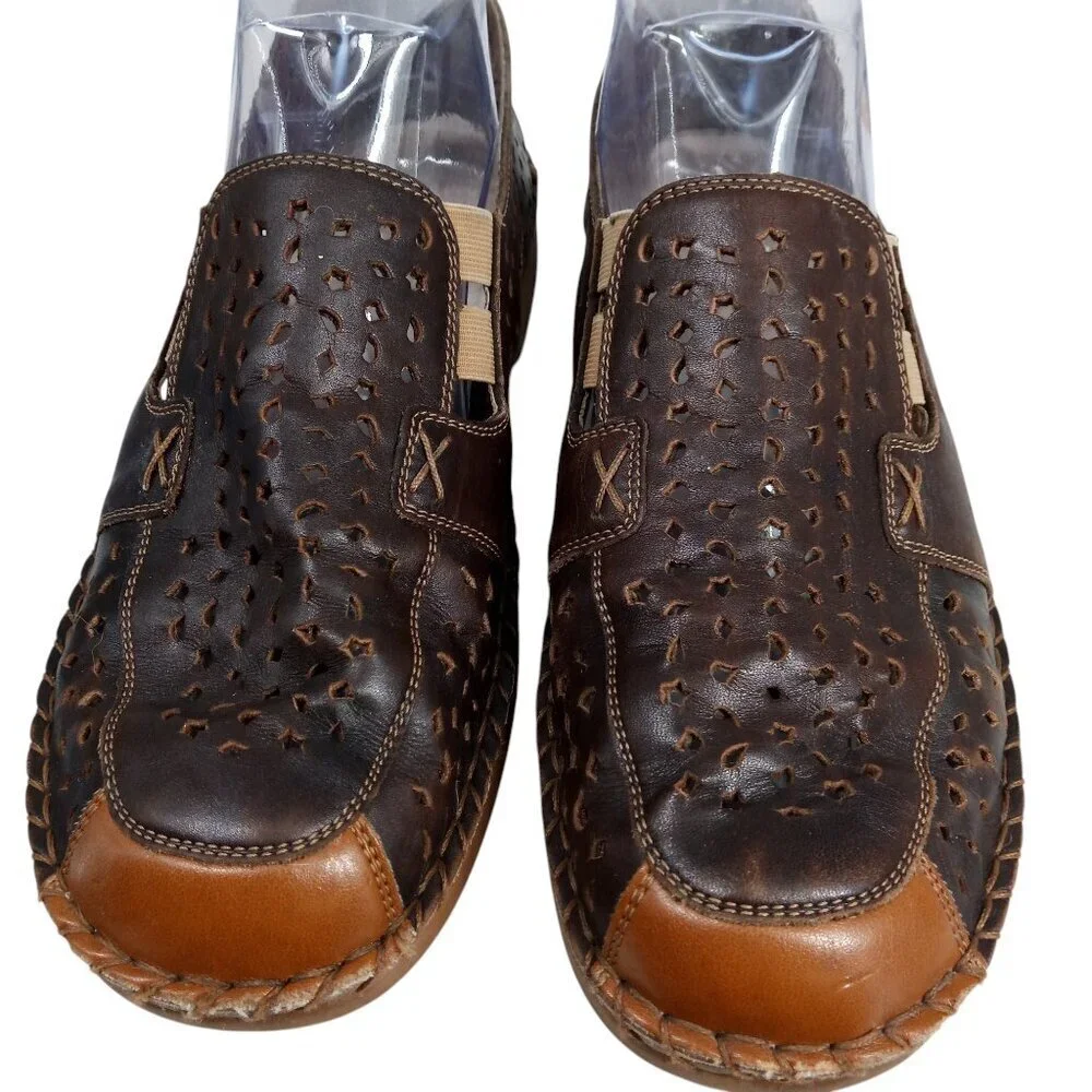 Rieker Brown Leather Slip On Comfort Loafers Size 40 US 9.5-10 Perforated